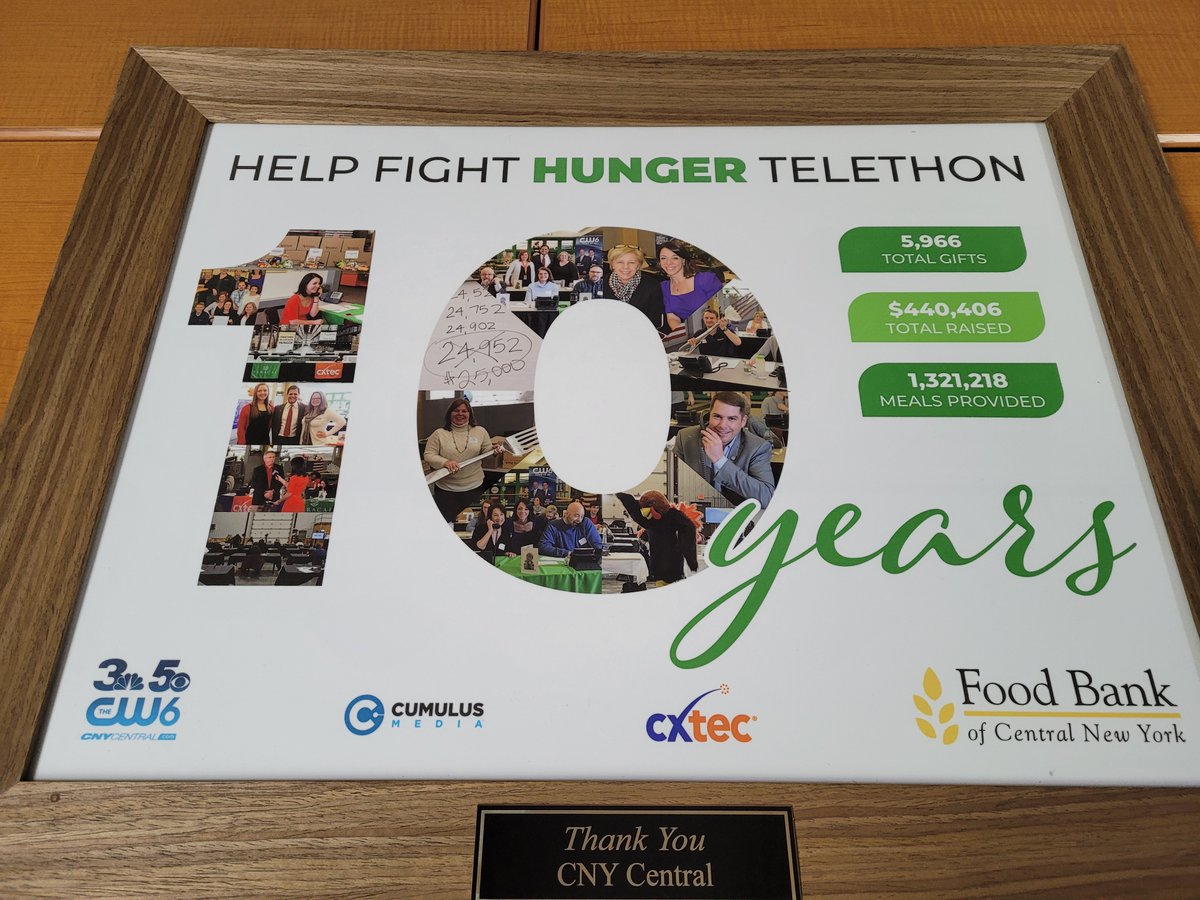 FoodBankofCNY's tweet image. A decade of partnership with @CNYCentral, @CumulusMedia, and @CXtec on our annual #HelpFightHunger telethon! In our 10 years together, we have:

🤝 Received 5,966 gifts
🤝 Raised $440,406 towards our fight to end hunger
🤝 Provided 1,321,218 meals for neighbors in need