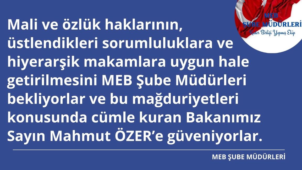 Öğretmenlik Meslek Kanunu’na il/ilçe eğitim yöneticilerinin dahil edilmesini  #MebSubeMüdürleriBekliyor ve mağduriyetlerinin giderileceği sözünü veren #SayinMahmutÖzer ‘e güveniyorlar.
<a href="/RTErdogan/">Recep Tayyip Erdoğan</a> 
 <a href="/prof_mahmutozer/">Mahmut Özer</a>