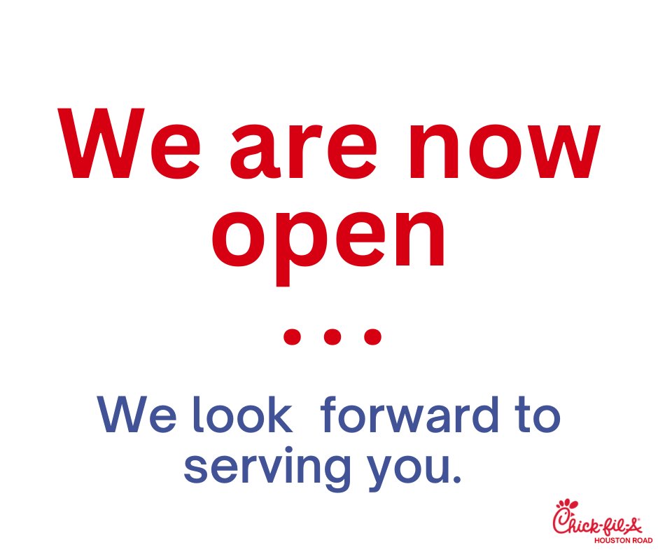 CFA_yall's tweet photo. We have reopened,  and now look forward to serving you. Thank you for your patience and understanding. https://t.co/5y7pX2kFaF