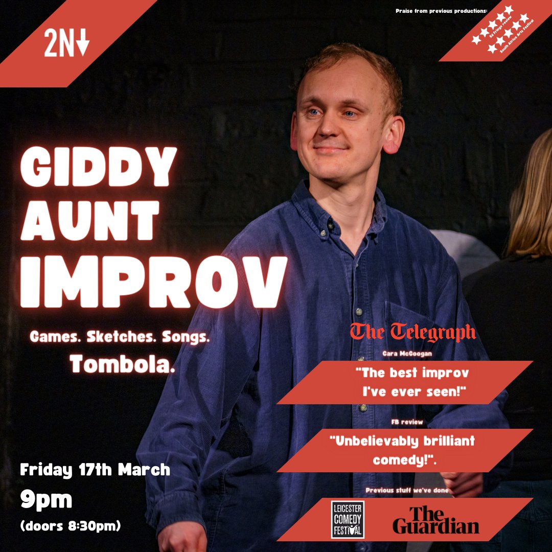 -- Tomorrow eve -- 

Games. Sketches. Songs. TOMBOLA!

⭐️𝗚𝗶𝗱𝗱𝘆 𝗔𝘂𝗻𝘁 𝗜𝗺𝗽𝗿𝗼𝘃 ⭐️

🎟️Have a funny Friday for a fiver:
tickettext.co.uk/47nAfrLM2W