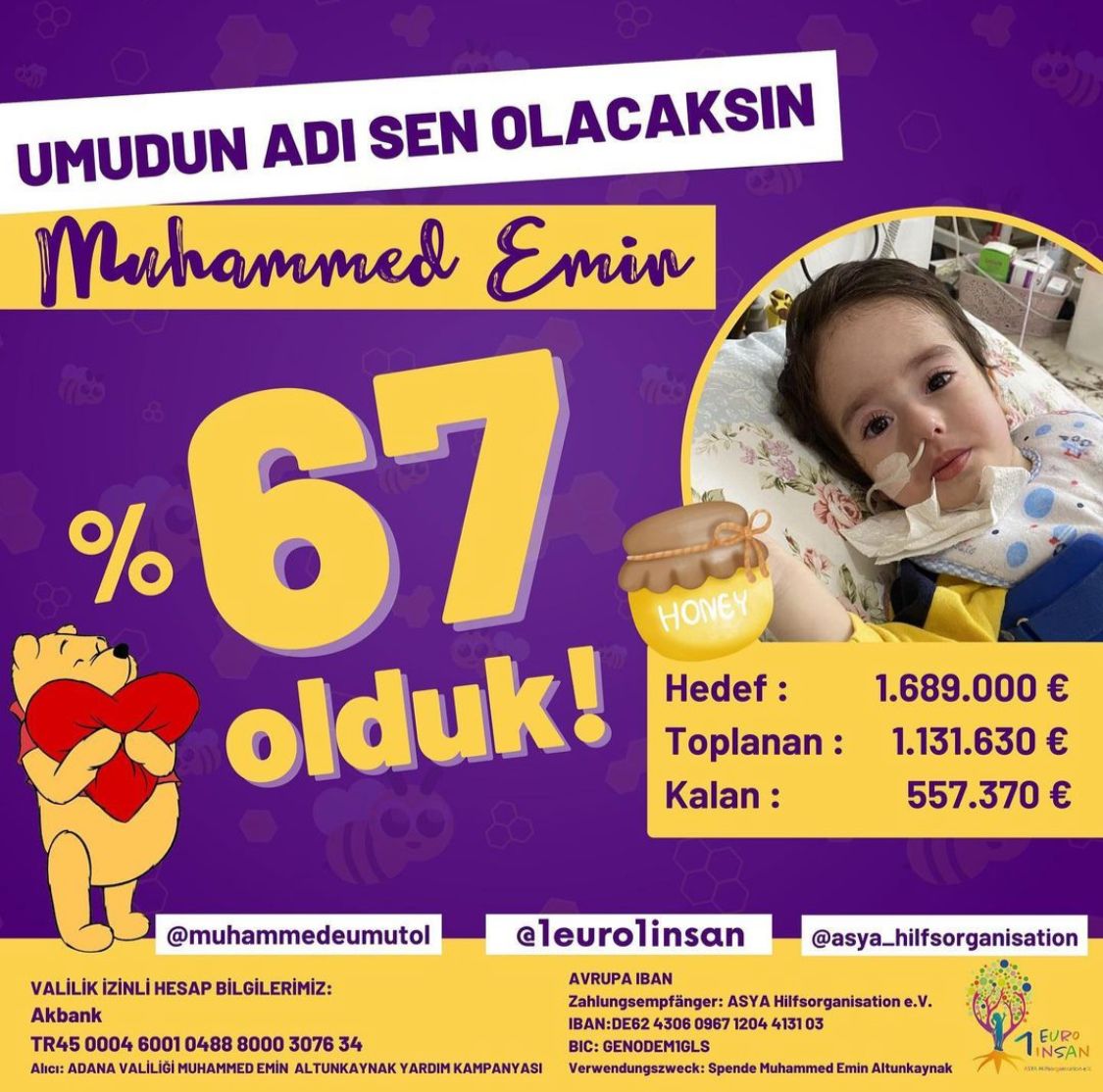 1euro1insann's tweet photo. UMUDUN ADI SEN OLACAKSIN MUHAMMED💜
SİZLERİN DESTEĞİYLE %67 OLDUK!
📌VALİLİK İZİNLİ TL İBANIMIZ
TR45 0004 6001 0488 8000 3076 34
‌Alıcı: Adana Valiliği Muhammed Emin Altunkaynak Yardım Kampanyası 
‌Açıklama: Muhammed Emin 
#bolu #selfelaketi #altın #gesan #GOKNR #DevrimÖzkan https://t.co/WkL2HMrYKF