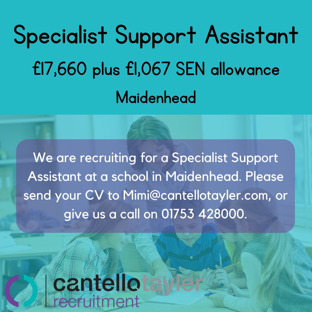 Specialist Support Assistant role available at this school in Maidenhead. Please call us now to enquire 01753 428000. #supportassistant #teachingassistantjobs #maidenheadjobs