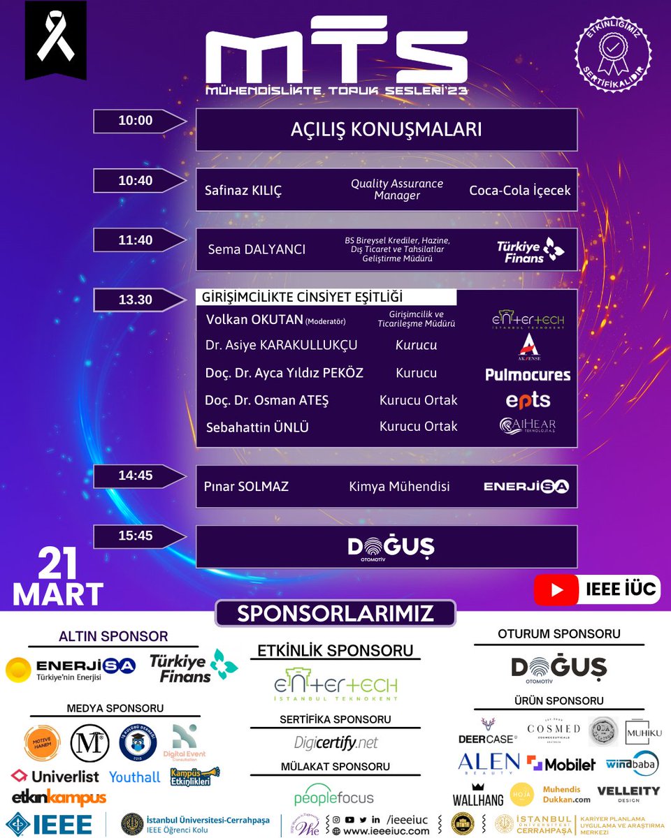 Dönemin en büyük etkinliğine hazır mısın?
Bu yıl 9.sunu düzenlediğimiz Mühendislikte Topuk Sesleri 21 Mart’ta IEEE İÜC YouTube kanalında sizlerle!

bit.ly/MTS-23
21 Mart’ta görüşmek üzere!
#EşitlilikveÖtesine