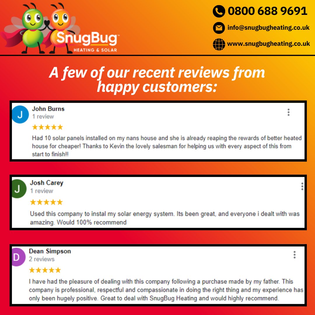HeatingSnugbug's tweet photo. Take a look at some of our amazing recent reviews from our happy customers! ✅

#infrared #heating #infraredheating #energybills #energyeffcient #energycrisis #heatingbills #costeffective #solar #green #madeinbritain #carbonfootprint #solar #solarpv #solarenergy #solarpower https://t.co/BBqNjcS6wS