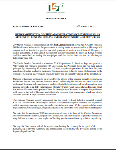 TISAKenya's tweet photo. PRESS STATEMENT π¨!
The list of 50 Chief Administrative Secretaries as nominated by @WilliamsRuto is out. Fellow citizens for lack of a better word Mr. President amechemsha!ππ’ read our statement on the nomination and let's discuss.#TowardsGenderBalance #MakingServicesWork https://t.co/pcvOpKqe9b