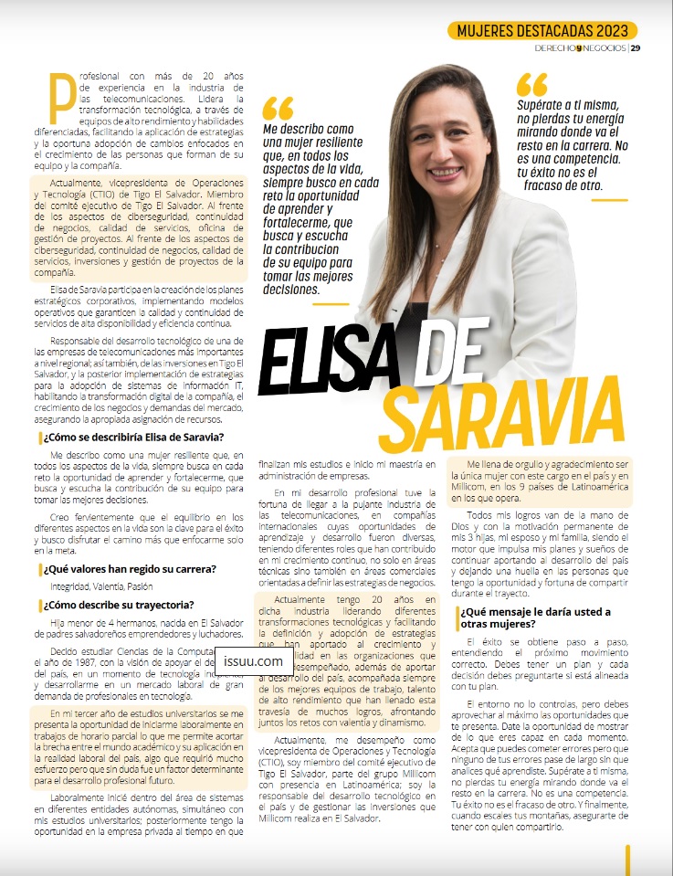 asielsalvador's tweet photo. #MujeresLíderes Felicitamos a la Vicepresidenta de Operaciones y Tecnología  de nuestra empresa socia @TigoElSalvador, Elisa de Saravia, por el merecido reconocimiento a su trayectoria en #MujeresDestacadas2023 de la Revista #DerechoYNegocios https://t.co/UQcq0ZRy6M