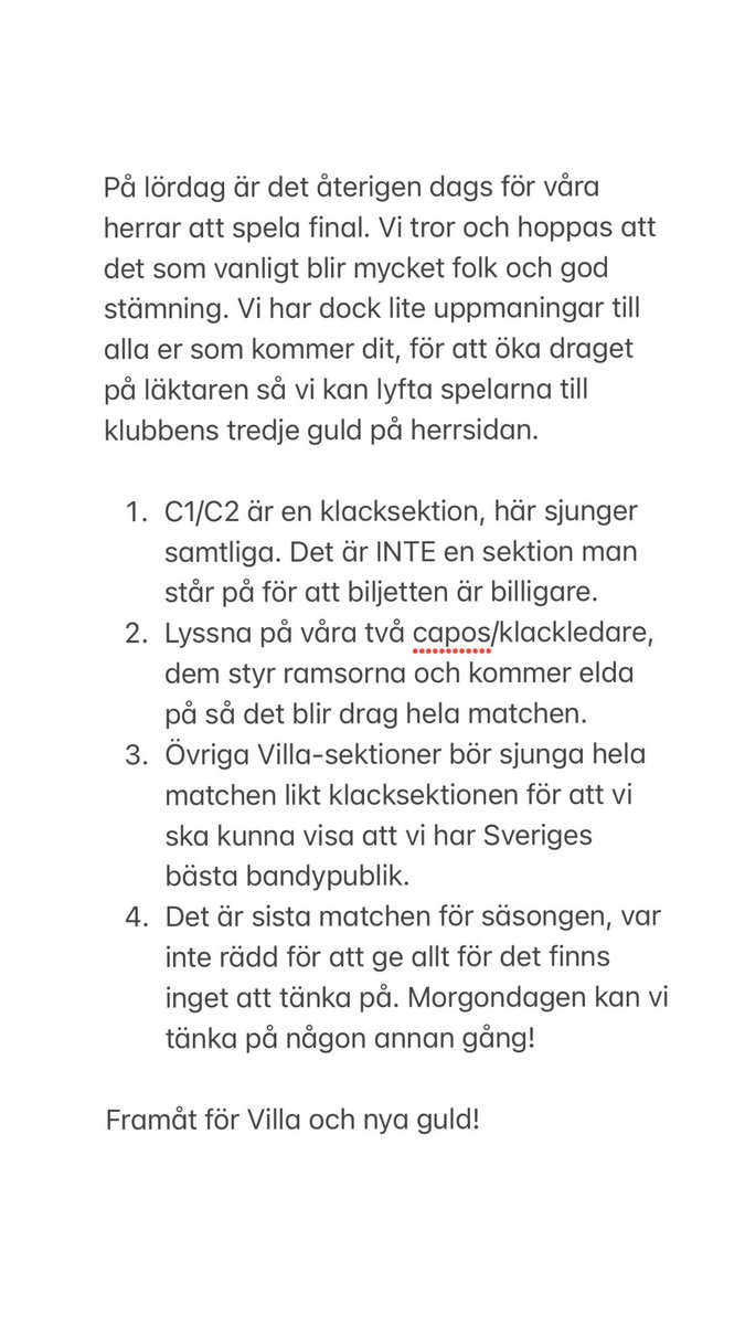 Imorgon börjar det! Vi påminner om vår uppmaning till alla som ska till Uppsala i helgen! Vi ses där, krossa Västerås! <a href="/vlbk_officiella/">Villa Lidköping BK</a>
