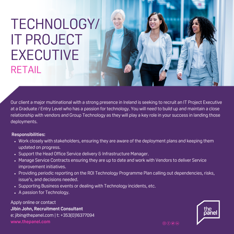 ThePanelDublin's tweet photo. Technology/IT Project Executive (https://t.co/iI2m5ekP0e) role is currently available with our client, a major multinational.
For more information contact JJ at jibin@thepanel.com
#jobfairy #ITProjectexceutives #projectexecutive #graduate #ITgraduate #itexecutive #technology https://t.co/3W7C6GAOOL