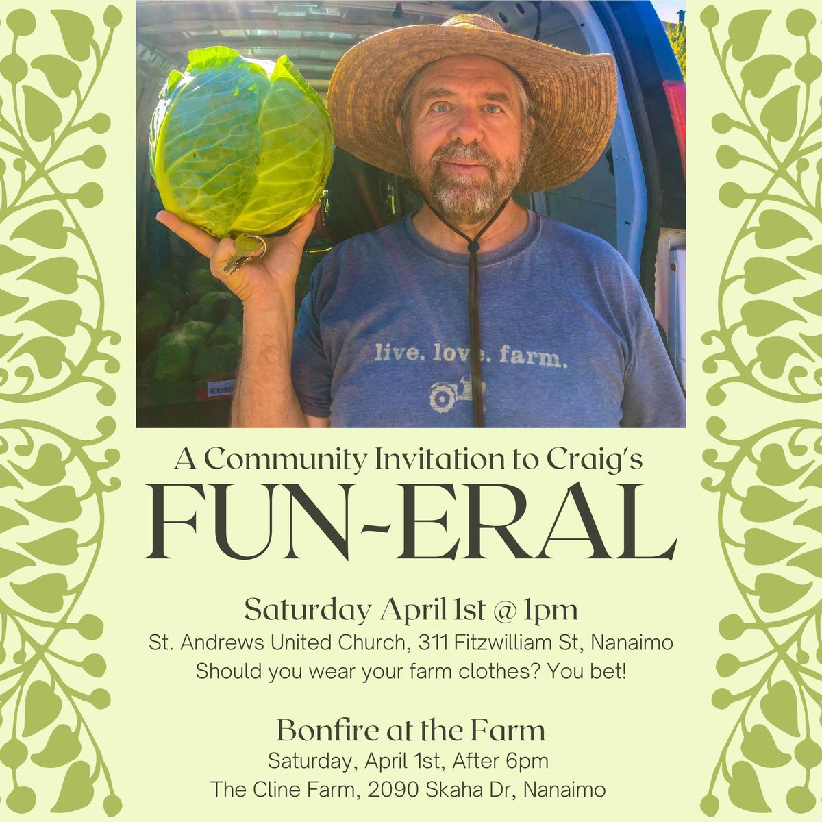 Sharing for our friends at #GrowingOpportunities Farm Community Co-op - they’re hosting a FUN-eral in Craig Evans’ honour on April 1st! 🌱❤️ #CelebrationOfLife