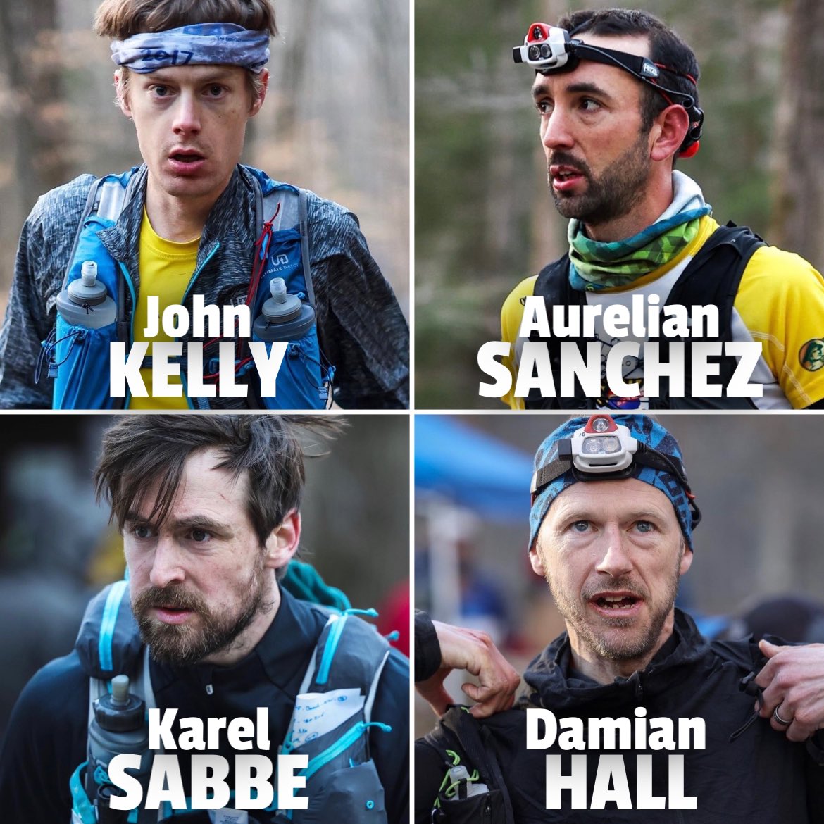 Barkley is trembling. 

First time in its 36 year history, four runners are on the 5th &amp; final loop: 
⛰️ John KELLY 🇺🇸 1st out @ 46:02:55. 
⛰️ Aurelian SANCHEZ 🇫🇷 2nd out @ 46:07:50
⛰️ Karel SABBE 🇧🇪 3rd out @ 46:59:20
⛰️ Damian HALL 🇬🇧 4th out @ 47:49:03. 
📷 Howie Stern #BM100