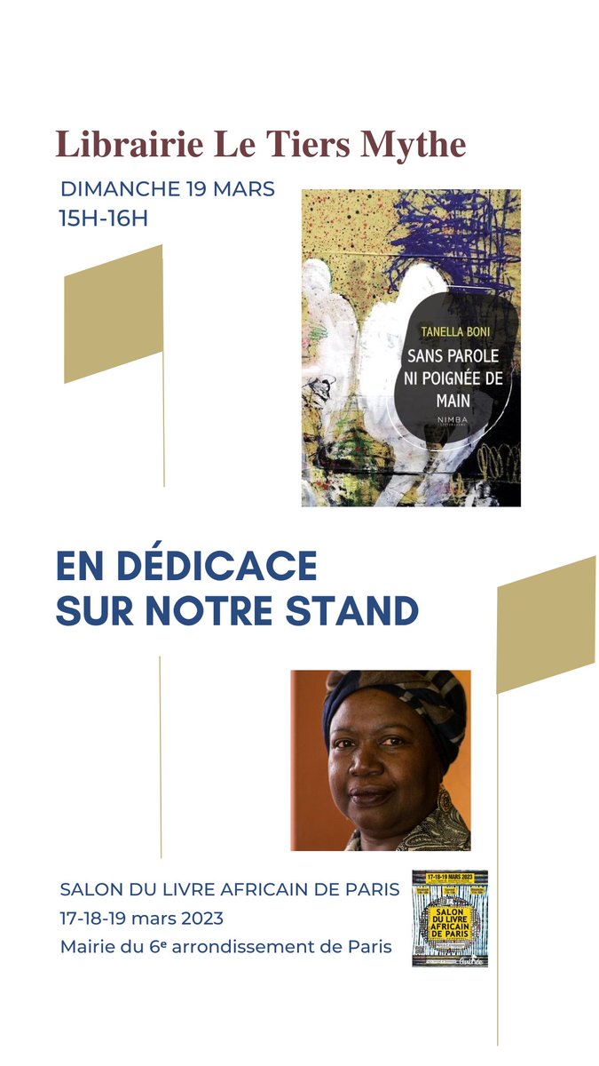Rencontre avec <a href="/TanellaBoni/">Tanella Boni</a> pour le livre "Sans parole ni poignée de main" paru aux <a href="/EditionsNimba/">Nimba Editions</a> le dimanche 19 mars à 15h au <a href="/salondulivreaf2/">salondulivreafricaindeparis</a>
 #salondulivreafricaindeparis