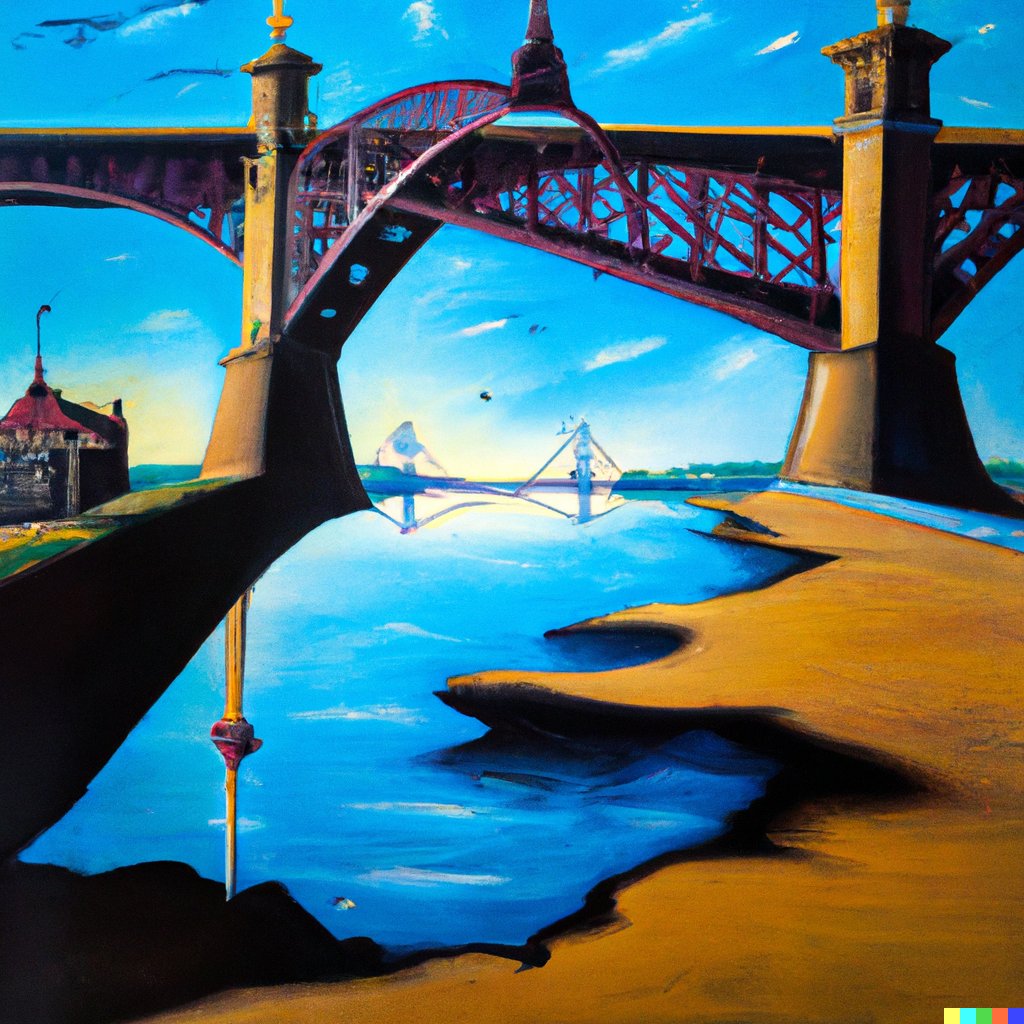 EadsBridgeHold's tweet photo. Oversimplifying here, DALL-E 2 looks at millions of images of the object you asked it to draw, and combines that with the style you asked for and then creates a “new” image. In this case here’s DALL-E 2’s Eads Bridge in the style of Dali. https://t.co/hZ8AJDrE3w
