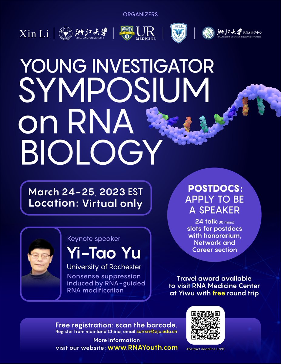 rtothepower4's tweet image. The 2023 Young Investigator Symposium on RNA Biology will be held virtually. An impressive list of speakers has been confirmed. Additional abstracts are accepted and announced on a rolling basis (apply by March 20th). Visit us on RNAYouth.com