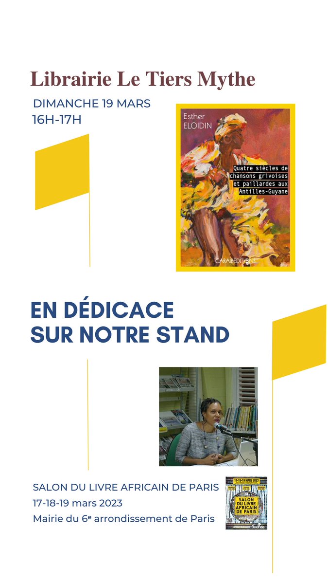 Rencontre avec Esther Eloidin pour le livre "Quatre siècles de chansons grivoises et paillardes aux Antilles-Guyane" paru aux Caraïb éditions le dimanche 19 mars à 16h au <a href="/salondulivreaf2/">salondulivreafricaindeparis</a>
 #salondulivreafricaindeparis