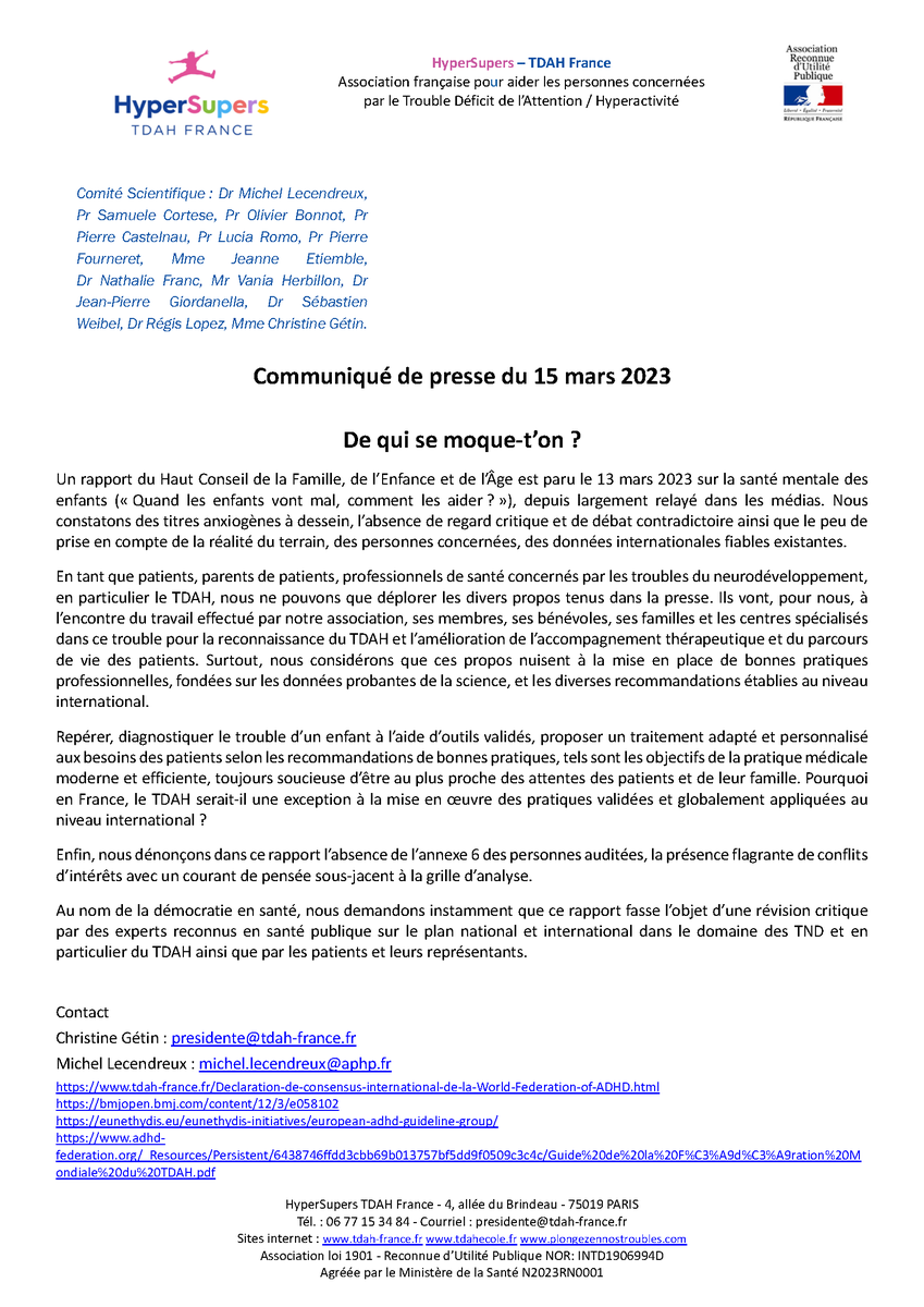 HyperSupers TDAH🎗️ (@tdahypersupers) on Twitter photo De qui se moque t'on?❓
Le rapport du HCFEA dénie aux patients avec #TDAH le droit à l'accès à des soins adaptés à leur besoins.
Pourquoi? ❓
📣Communiqué de presse
tdah-france.fr/De-qui-se-moqu…
<a href="/CCompagnon_/">CLAIRE COMPAGNON</a> <a href="/FrcsBraun/">François Braun</a> ❓ De qui se moque t'on?❓
Le rapport du HCFEA dénie aux patients avec #TDAH le droit à l'accès à des soins adaptés à leur besoins.
Pourquoi? ❓
📣Communiqué de presse
tdah-france.fr/De-qui-se-moqu…
<a href="/CCompagnon_/">CLAIRE COMPAGNON</a> <a href="/FrcsBraun/">François Braun</a> ❓