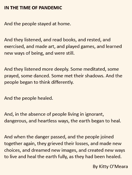 Mark_Sw1ft's tweet photo. During the pandemic, I came across this beautiful poem by Kitty O’Meara and I remember thinking that out of this awful tragedy we might collectively build a better way forward. I still think this is possible if enough good people in the world push for this. https://t.co/HZMlEL1gBc