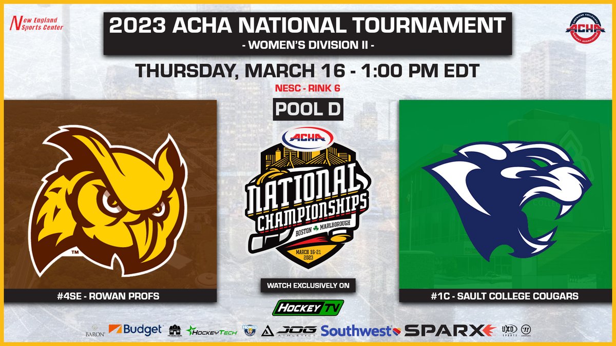 ACHAWomensD2's tweet image. 𝗣𝗢𝗢𝗟 𝗣𝗟𝗔𝗬 𝗚𝗔𝗠𝗘 𝟰 𝗦𝗧𝗔𝗥𝗧𝗜𝗡𝗚 𝗦𝗢𝗢𝗡
🏒 @RowanWIceHockey (away) vs. @cougarswhky (home)
🕐 1:00pm(ish)... prior game running late
📍 Rink 6 @NESportCenter 
🎦 @MyHockeyTV hockeytv.com/event/2954/sch…
#ACHANationals #ACHAW2 #PoolD