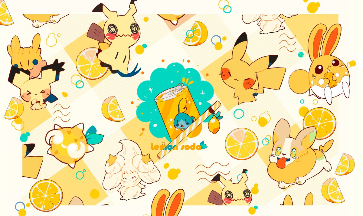 mimikyu ,pikachu pokemon (creature) no humans lemon food fruit closed eyes smile  illustration images