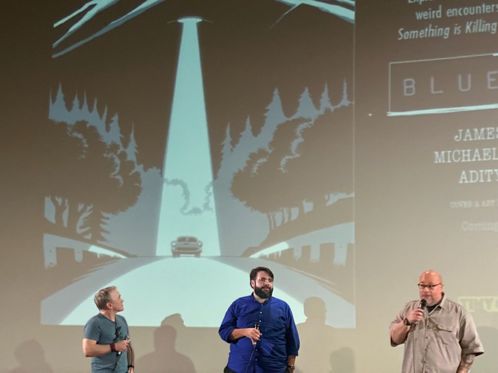 Oeming's tweet photo. Some pics from last nights #blubook celebration with @JamesTheFourth - thrown by @DarkHorseComics at the a @HollywoodTheatr thanks to @DavidWalker1201 for hosting the intro and Q&amp;A- watching CETK together felt really special, thank you friends and readers for coming out! https://t.co/gREivq2LJ4