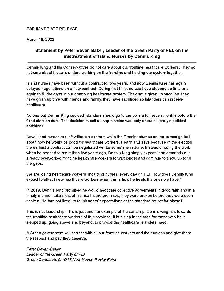 PEIgreens's tweet photo. Statement by @peterbevanbaker on mistreatment of Island nurses by Dennis King.
"In 2019, King promised he would negotiate collective agreements in good faith and in a timely manner. Like most of his healthcare promises, they were broken before they were even spoken."
#peipoli https://t.co/b5jeIl9b55