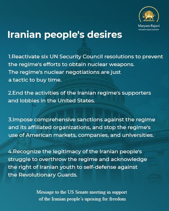 Maryam_Rajavi's tweet photo. On behalf of the Iranian Resistance, I urge the honorable members of the US Senate to support the Iranian people's desires expressed through their slogans. 
To achieve this, I suggest a special initiative, which includes the following:
#IranRevolution
#Time4FirmIranPolicy https://t.co/ZvEwXvAlFF