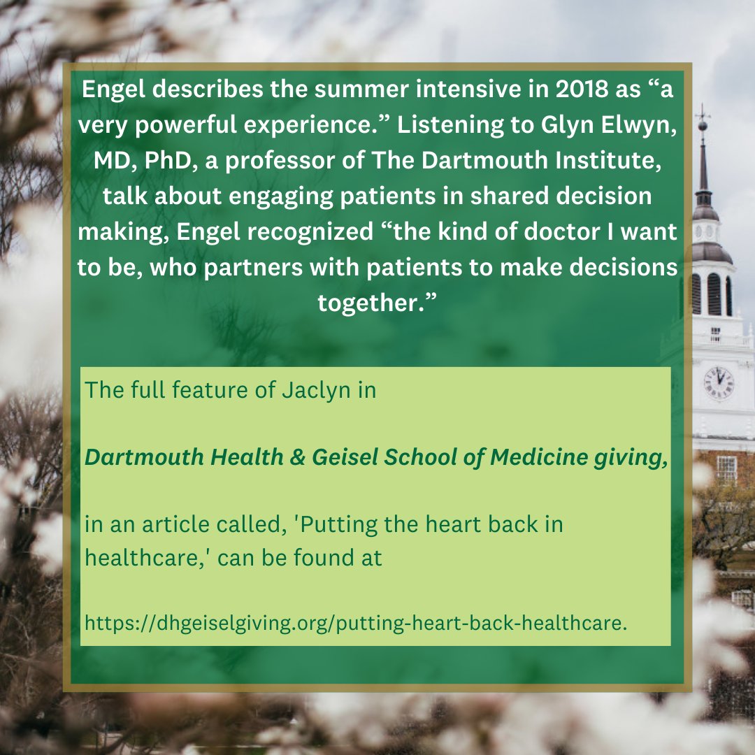 Read about Jaclyn Engel D’19, MED’26 dhgeiselgiving.org/putting-heart-…

#dartmouthfoundation #DartmouthFoundationsAlumni #DartmouthFoundationsFellowship #medschool #premed #sdm #shareddecisionmaking #healthcare #healthcareleader #physicianburnout