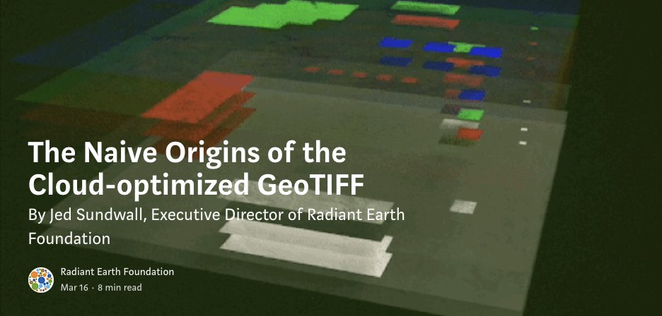 If you've heard of <a href="/cogeotiff/">Cloud Optimized GeoTIFF (a.k.a COG)</a>, the standard for storing data optimized for processing in a cloud computing env, <a href="/jedsundwall/">Jed Sundwall</a>'s reflections on its emergence &amp; how cloud-optimized data can create a more diverse Earth science community is a must-read! radiant.earth/blog/2023/03/t…