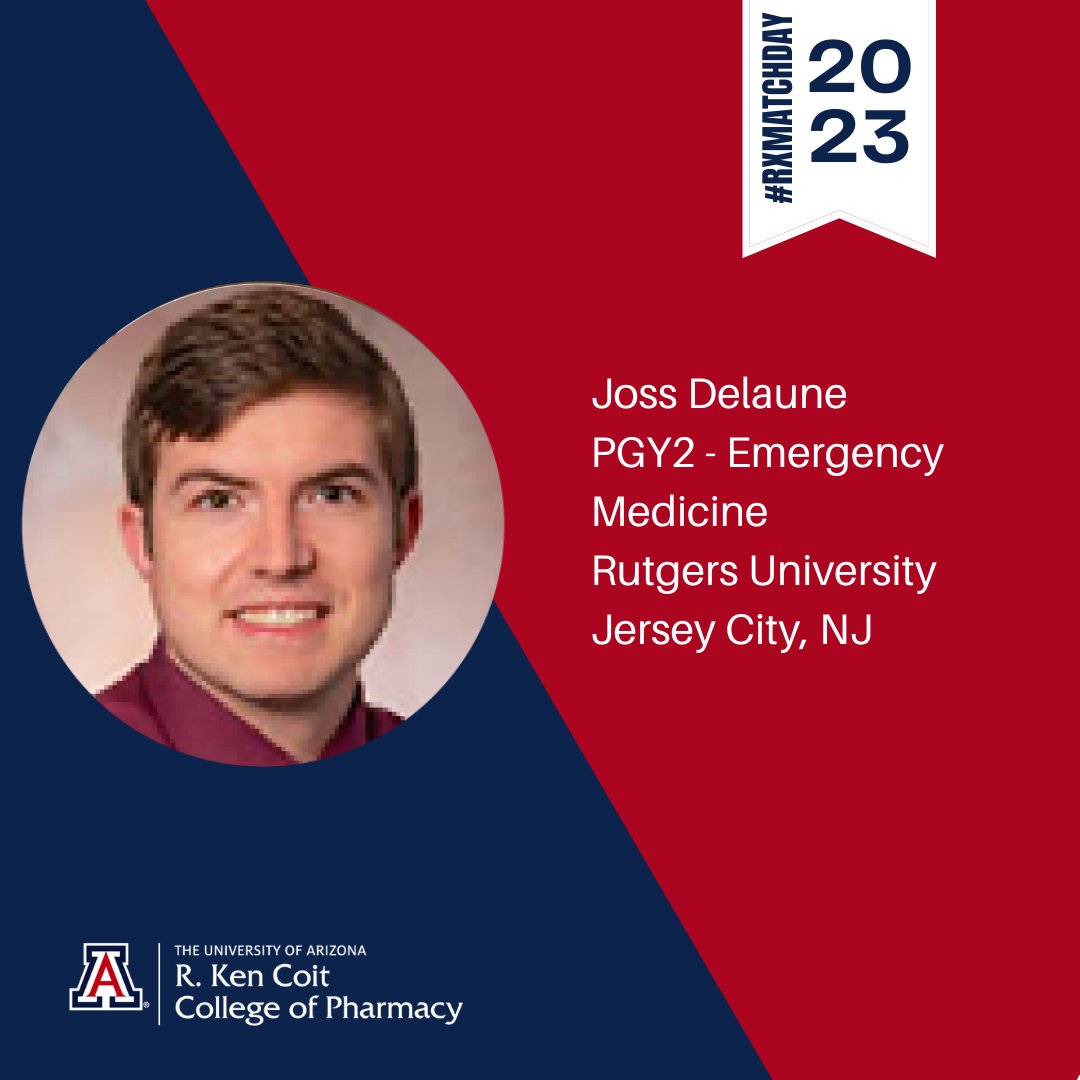 UAZPharmacy's tweet photo. Joss Delaune keeps #RXMATCHDAY2023 going with his PGY2 match at @rutgersu!
"I am excited to work with Rutgers students in their Sim Labs and get emergency medicine experience at their level 1 trauma center. This is an exciting step toward becoming an EM Clinical Specialist!" https://t.co/SKzdt92qYt