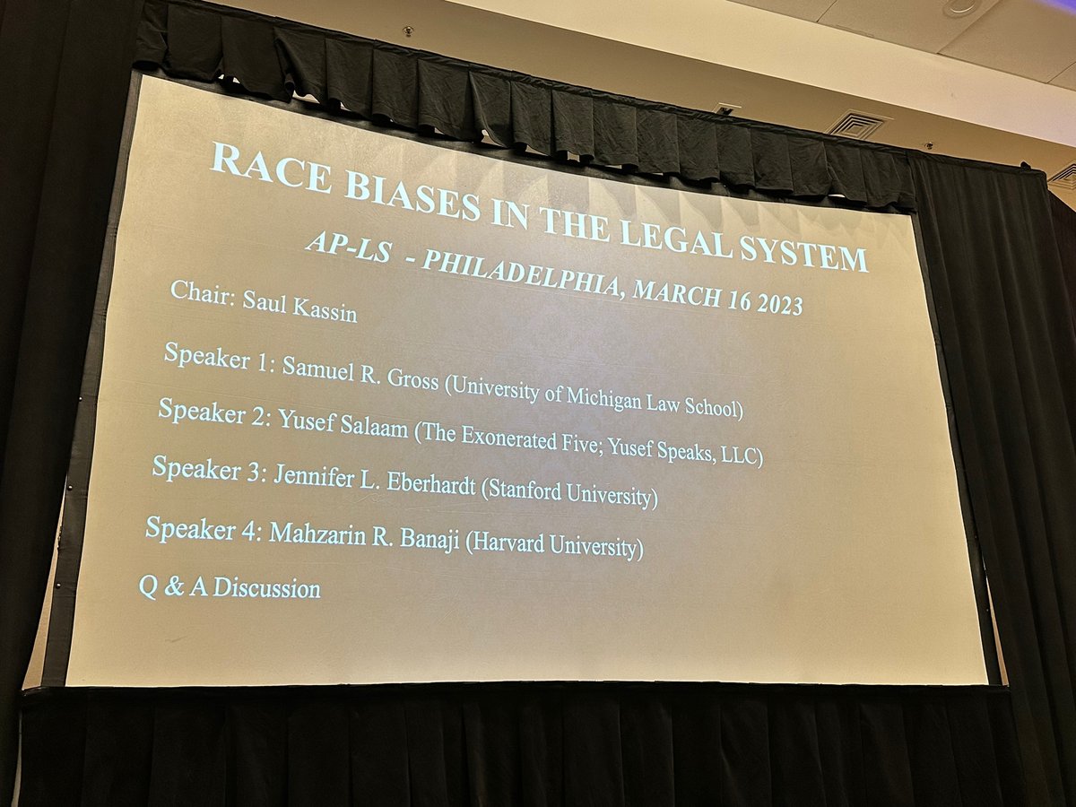APLS41's tweet image. Kicking off #apls2023 with the first plenary on Race Biases in the Legal System. Thank you to Saul Kassin for chairing the panel, and to panelists Samuel Gross, Yusef Salaam, Jennifer Eberhardt, &amp;amp; Mahzarin Banaji.
