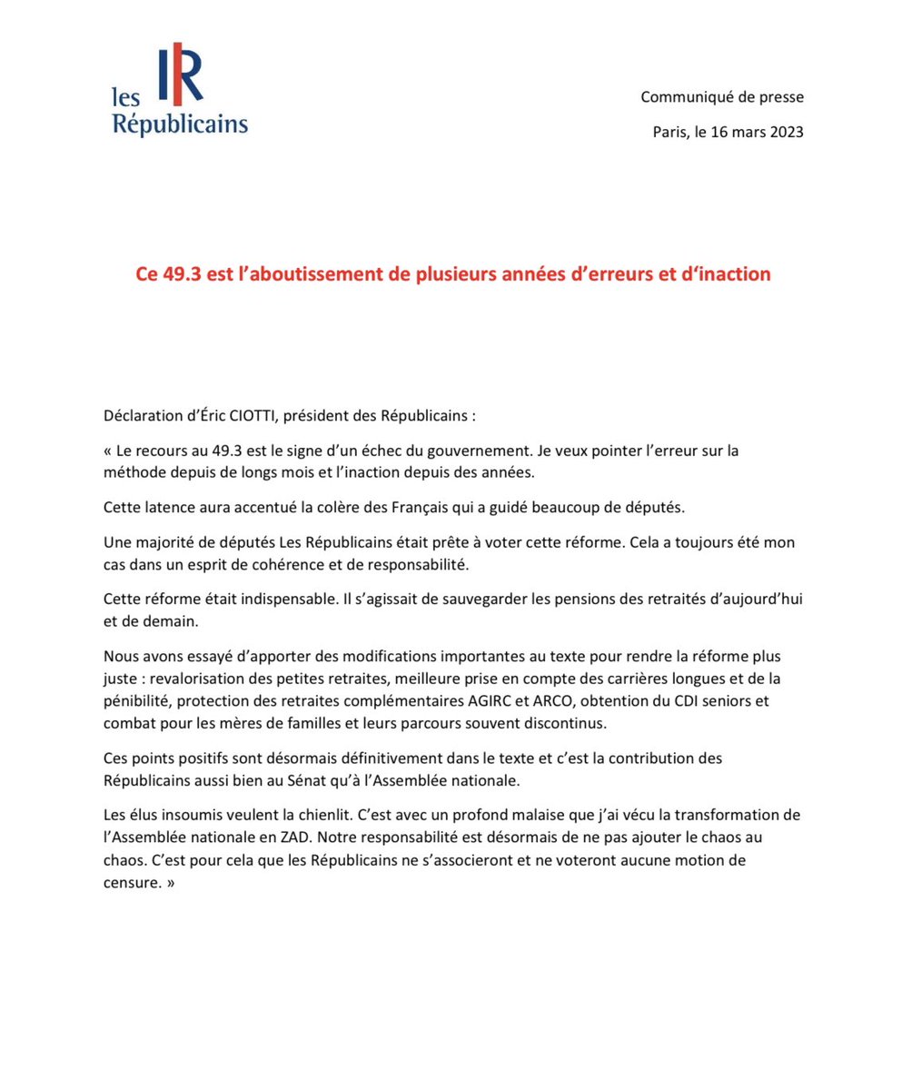 's tweet image. Ce 49.3 est l’aboutissement de plusieurs années d’erreurs et d‘inaction. Retrouvez mon communiqué ⤵️