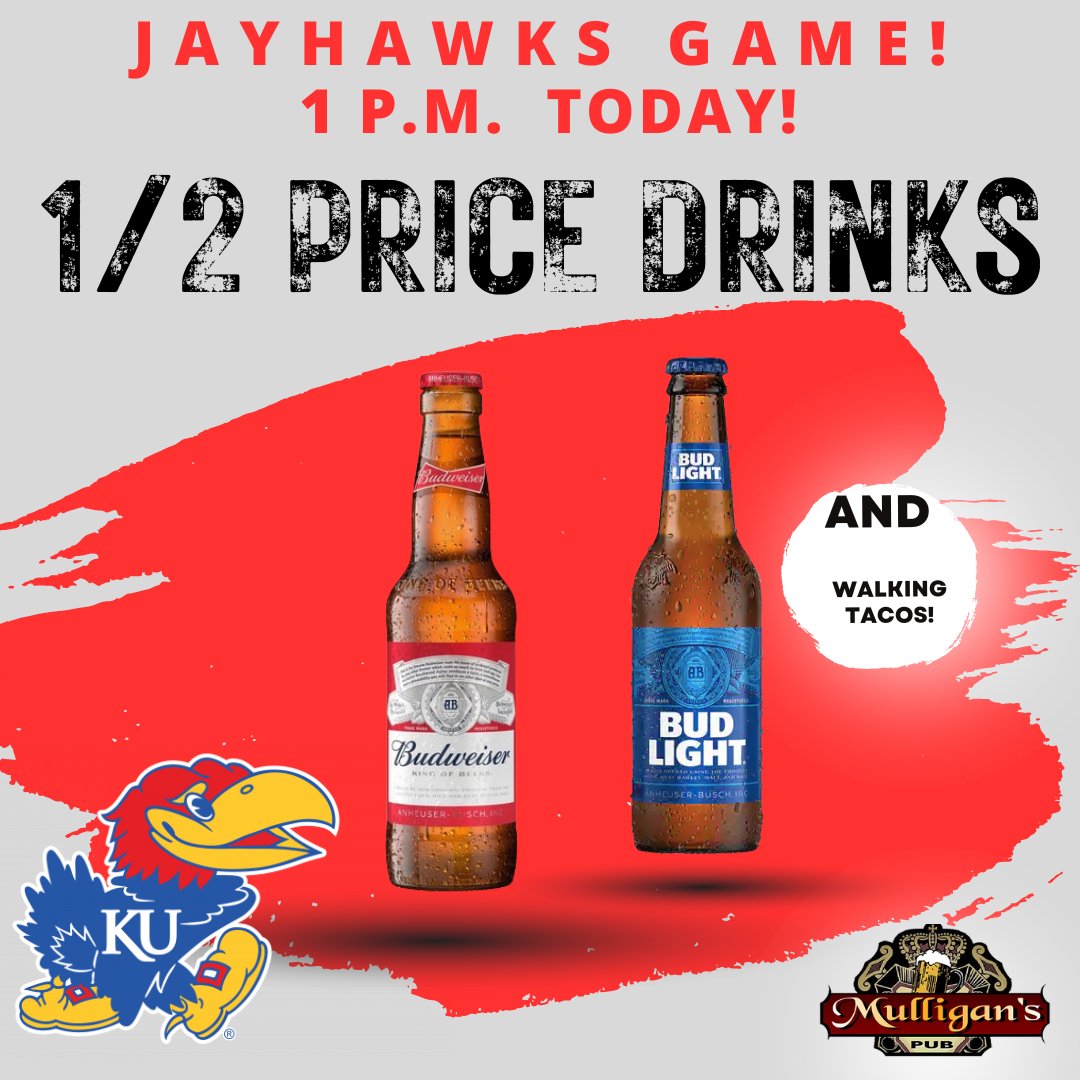 MulligansW's tweet photo. The Jayhawks play at 1 p.m.  We think it's the perfect time to take a super long lunch. Get in here for some bar food, half-priced drinks and the game!

⠀⠀ https://t.co/LjknoBBZXo