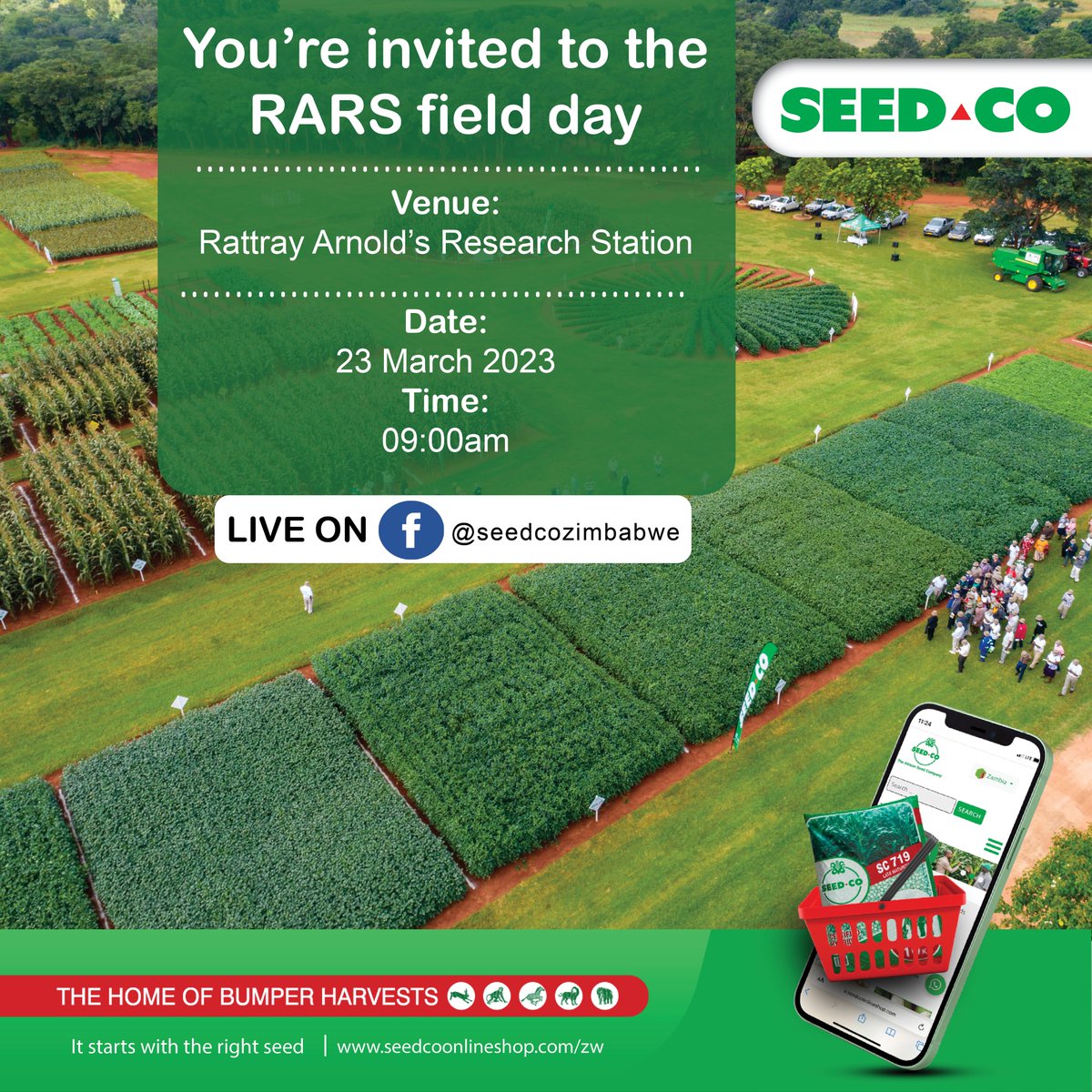 Seed Co Annual RARS Field Day is fast approaching and you’re all invited. Save the date and come join us on the 23rd of March 2023 or catch us live on Facebook facebook.com/seedcozimbabwe/. 
#RARS
#fieldday
#ItStartsWithTheRightSeed
