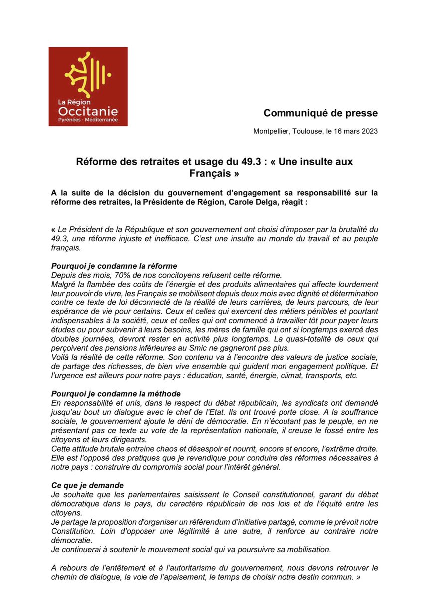 Carole Delga (@caroledelga) on Twitter photo C’est une insulte au monde du travail et au peuple français. 
Le Président de la République et son gouvernement ont choisi d’imposer par la brutalité du 49.3, une réforme injuste et inefficace. 
Mon communiqué 👇🏻 C’est une insulte au monde du travail et au peuple français. 
Le Président de la République et son gouvernement ont choisi d’imposer par la brutalité du 49.3, une réforme injuste et inefficace. 
Mon communiqué 👇🏻