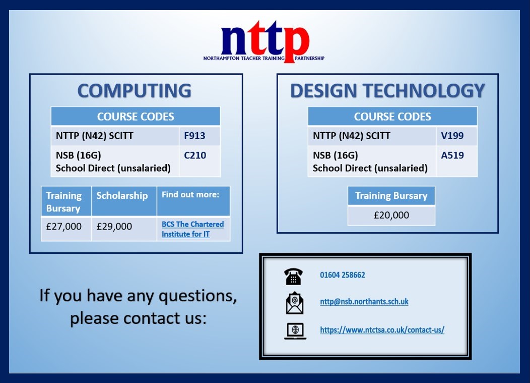 We are excited to announce that due to local demand you can now apply to #traintoteach in DT and Computing with us. Get in touch if you'd like to speak to an ex-trainee in either subject. Training Bursaries available. 
#inspire #SCITT #secondary
<a href="/getintoteaching/">Teaching</a> <a href="/Northants_Teach/">Northants Teaching</a>
