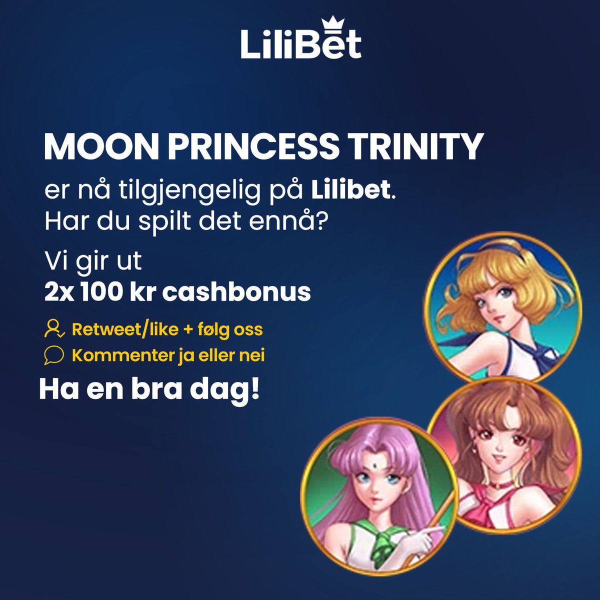 🤠 MOON PRINCESS TRINITY 🤠

MOON PRINCESS TRINITY er nå tilgjengelig på Lilibet
Har du spilt det ennå?

Vi gir ut 2x 100 kr cashbonus ⤵️

✅ Retweet/like + følg oss 
✅ Kommenter ja eller nei

Vinnerne annonseres søndag kl 20:00😃

Ha en bra dag! 😍