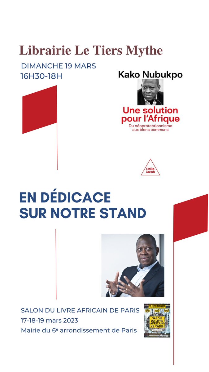 Rencontre avec <a href="/kakonubukpo/">Kako Nubukpo</a> pour le livre "Une solution pour l'Afrique" paru aux <a href="/OdileJacob/">Éditions Odile Jacob</a> 
 le dimanche 19 mars à 16h30 au <a href="/salondulivreaf2/">salondulivreafricaindeparis</a>
 #salondulivreafricaindeparis