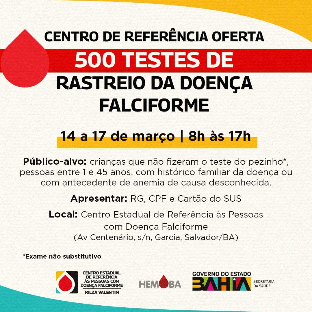 Conhece alguém que tenha histórico familiar de Doença Falciforme; crianças que não tenham realizado o teste do pezinho; pessoas de 1 a 45 anos com antecedentes de anemia de causa desconhecida ou anemia crônica?#CentrodeReferência #DoençaFalciforme #SaúdeDaPopulaçãoNegra