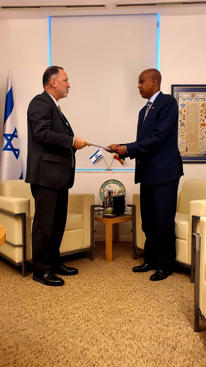 MFAEthiopia's tweet photo. H.E. Tesfaye Yetayeh, Ambassador Extraordinary and Plenipotentiary of #Ethiopia to the State of #Israel, delivered copies of his letters of credentials to H.E. Amb. @GilHaskel, Chief of State Protocol at Israel's Ministry of Foreign Affairs, yesterday. https://t.co/nrC3TX9Igg