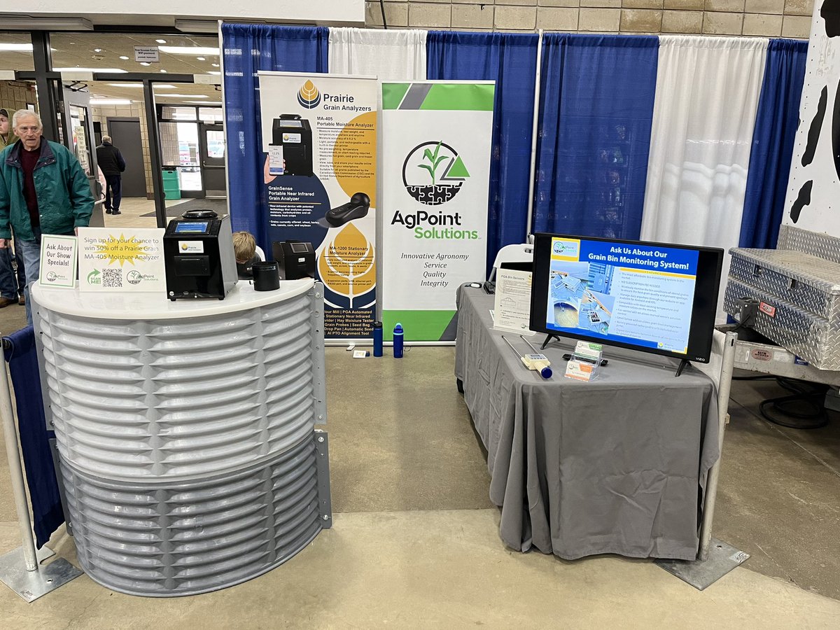 We are set up at the North American Farm and Power Show in Owatonna, Minnesota. Stop by and visit with us on our <a href="/PrairieGAnalyzr/">Prairie Grain Analyzers</a> moisture testers and our new grain bin monitoring system! 

#agpointsolutions #graintester #binmonitor