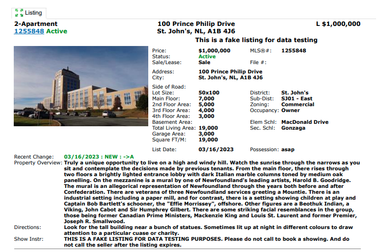 RealtorRiche's tweet photo. Please note that yes, the Confederation Building does appear to be for sale on some Real Estate sites. @_NLAR is aware of it as it's a fake listing done for testing purposes. The written description however is still quite amazing. https://t.co/8CiDqFEgBx