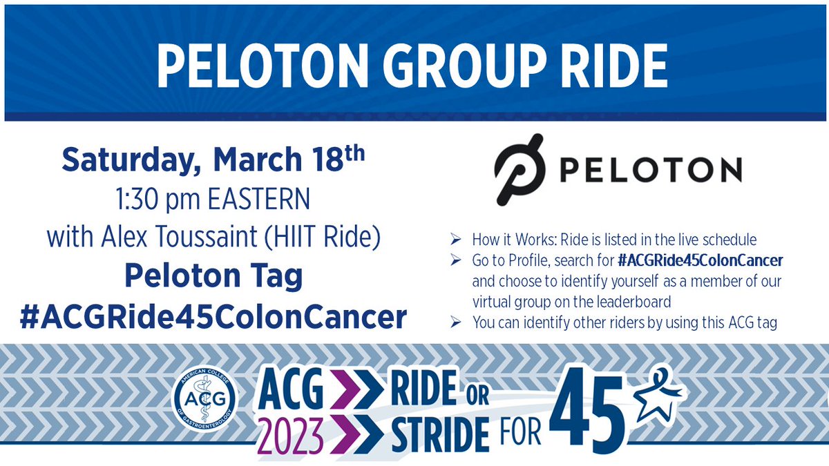 ACG (@amcollegegastro) on Twitter photo 📣#ACGfamily fans of <a href="/onepeloton/">Peloton</a>
🚲It's on!🚲
#RideOrStrideFor45 Group Ride THIS SATURDAY 3/18 at 1:30pm Eastern with <a href="/alextoussaint25/">Alex Toussaint</a>💙30 min HIIT Ride
☑️Check out leaderboard hashtag in the banner
#45isTheNew50 for #ColorectalCancerScreening
#ColorectalCancerAwarenessMonth 📣#ACGfamily fans of <a href="/onepeloton/">Peloton</a>
🚲It's on!🚲
#RideOrStrideFor45 Group Ride THIS SATURDAY 3/18 at 1:30pm Eastern with <a href="/alextoussaint25/">Alex Toussaint</a>💙30 min HIIT Ride
☑️Check out leaderboard hashtag in the banner
#45isTheNew50 for #ColorectalCancerScreening
#ColorectalCancerAwarenessMonth