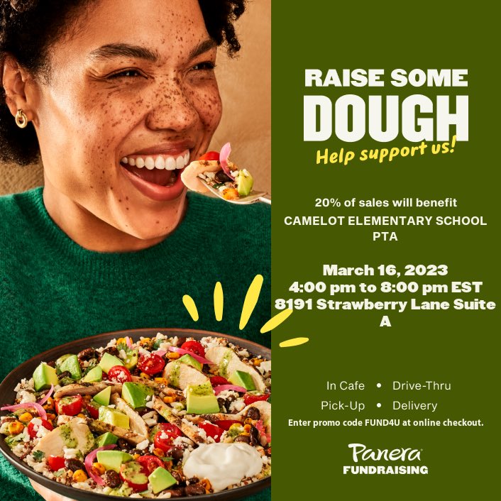 Support <a href="/CamelotPTA/">Camelot PTA</a>! Eat at <a href="/panerabread/">Panera Bread</a> tonight! Must mention the PTA or use the online code. <a href="/CamelotFCPS/">Camelot ES</a>