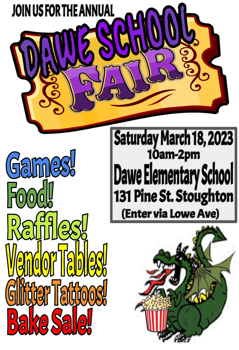 The annual Dawe School Fair is this Saturday, March 18, from 10am-2pm at the Dawe Elementary School (131 Pine St...enter via Lowe Ave.)

There will be games, food, raffles, vendor tables, glitter tattoos, a bake sale, and more! 

Hope to see you there!