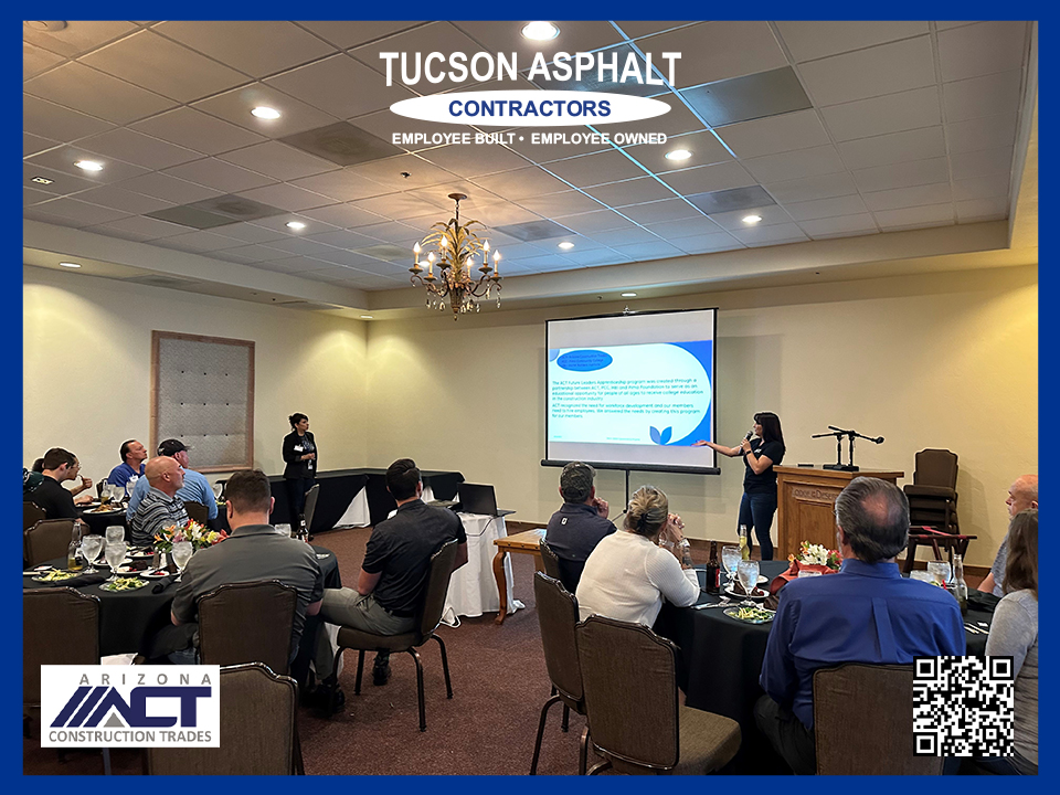 TucsonAsphalt's tweet photo. We’re proud members of the @AZConstrTrades (ACT). At last night’s dinner, we learned more about their apprenticeship program and their partners like Pima Community College and others. Joining ACT will provide many benefits, such as these.
#employeebuilt #employeeowned https://t.co/aKzmJ4Y7Bv