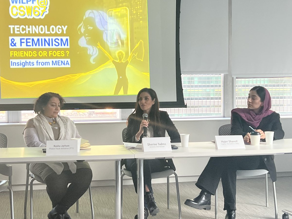 WILPF's tweet photo. ⚠️ #StartingNow #CSW67 — Women’s rights activists from #Libya and #Yemen unpack the advantages and challenges of technology in #MENA region.
#WILPFatCSW67 @TWBI_org @Peace_Track @SherineT @RashaJarhum @hajershareif @SFJnetwork https://t.co/AnOixwVBQ3