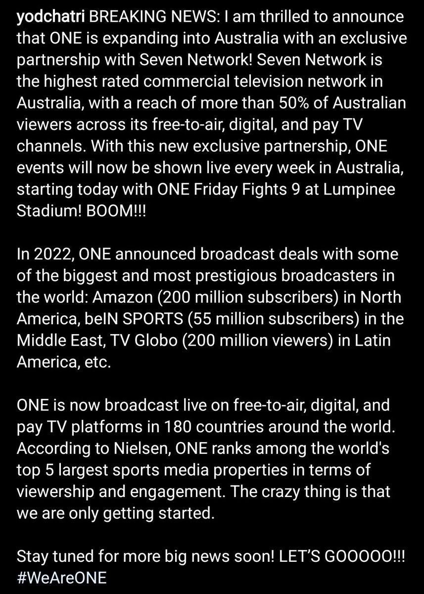 CFerg_mma's tweet photo. ONE Championship has inked a broadcast dealt with the Seven Network in Australia.

It seems all One events will now be shown live every week down under starting with One Friday Fights at Lumpinee Stadium 👀 https://t.co/Gg198JgWmJ