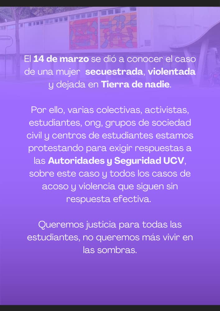 Miaulanie_'s tweet photo. Estudiantes, activistas y organizaciones feministas convocamos, este lunes 20 de marzo en la UCV, a levantar nuestras voces contra la violencia machista en los espacios universitarios. 

Les esperamos 💜 

Lleva una prenda morada, tus pancartas y consignas https://t.co/JXFeElk4CU