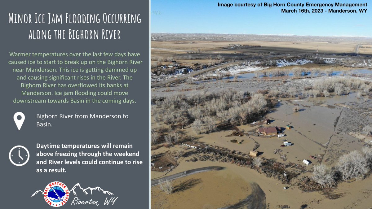 A Flood Advisory has been issued for the Bighorn River from Manderson to Basin due to an ice jam observed at Manderson. If you see #flooding, please report it to local law enforcement. For more information: ow.ly/gFl750NkGyL #wywx #turnarounddontdrown