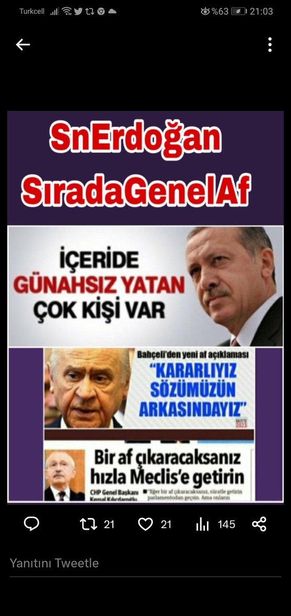 Her Maddede Masum  Çok İçeride 
Herkes Suçlu Değil Adil yargılama 
Hak ihlali %77 
Çözüm 👉 AF İSTİYORUZ 

RTEAffı GönülleriKazanır
AF İSTİYORUZ