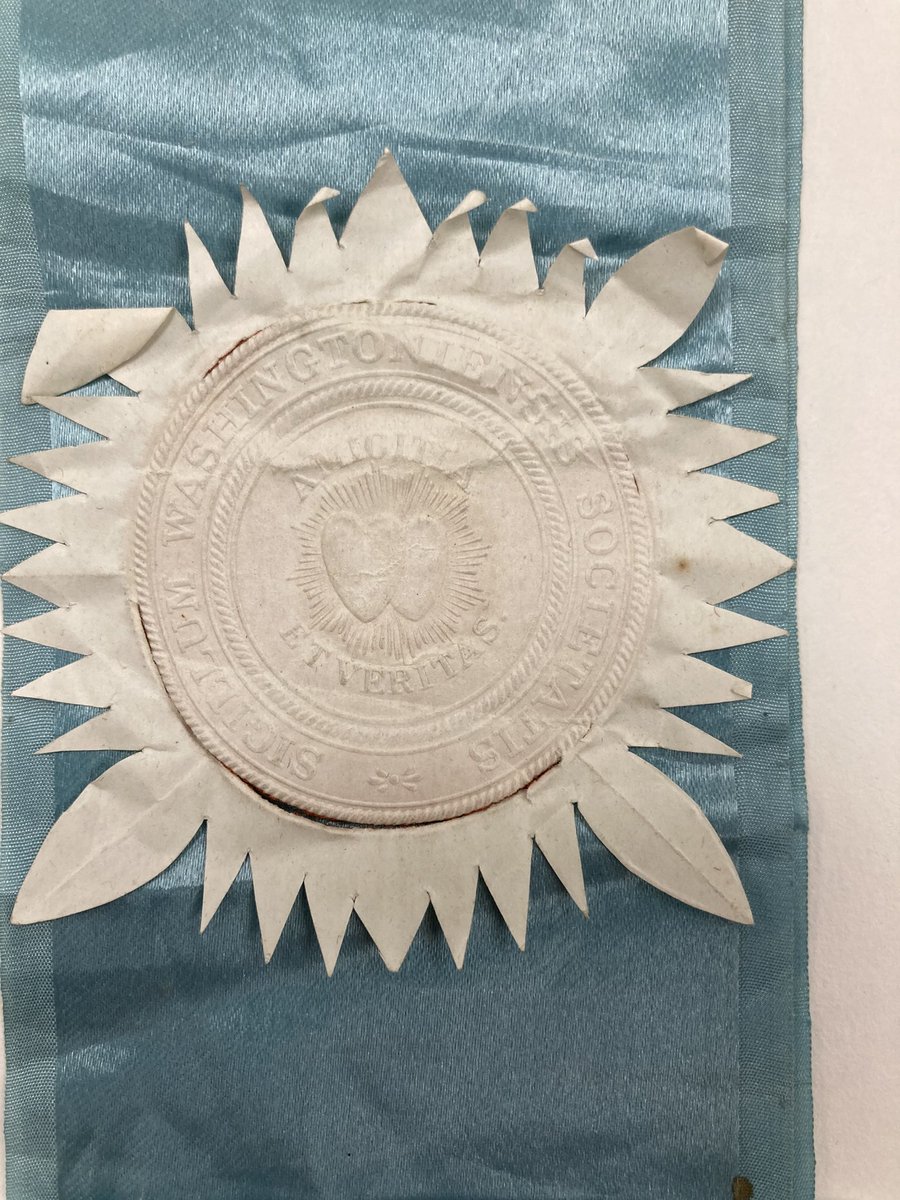 Throwback Thursday! Literary society diploma of Freeman Brady (Washington 1851), featuring an astonishingly long ribbon &amp; seal. On the back: signatures of society members and his #PhiGam brothers. Photo by Ed Gabe (Hanover 1990) at #ArchivesWeekend 2023. #phigam175 #phigammadelta